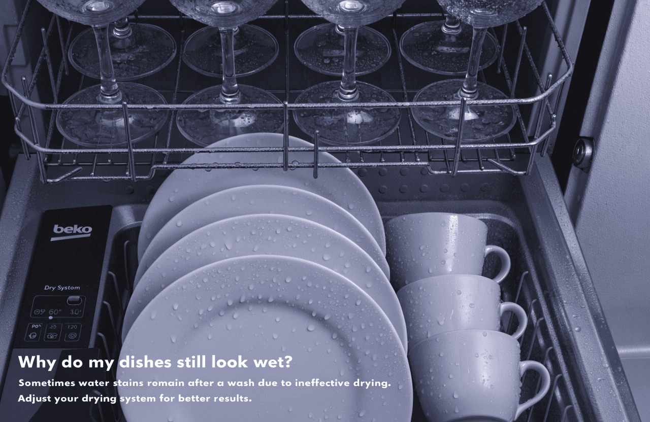 علت باقی ماندن لکه آب روی ظروف در ظرفشویی بکو و نحوه تنظیم سیستم خشک کن